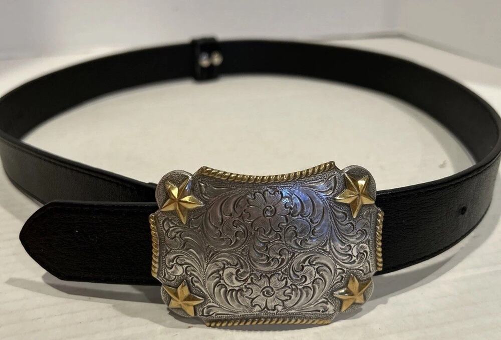 VTG Chico's Black Leather Western Belt Silver Floral Stars